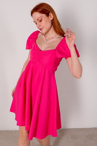 ELB-01616 Pembe Balon Kol Kalp Yaka Yazlık Elbise - Thumbnail