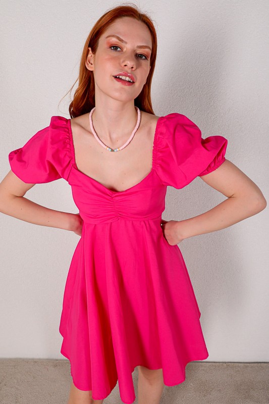 ELB-01616 Pembe Balon Kol Kalp Yaka Yazlık Elbise