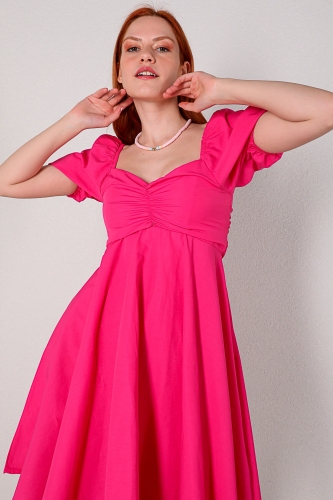 ELB-01616 Pembe Balon Kol Kalp Yaka Yazlık Elbise - Thumbnail