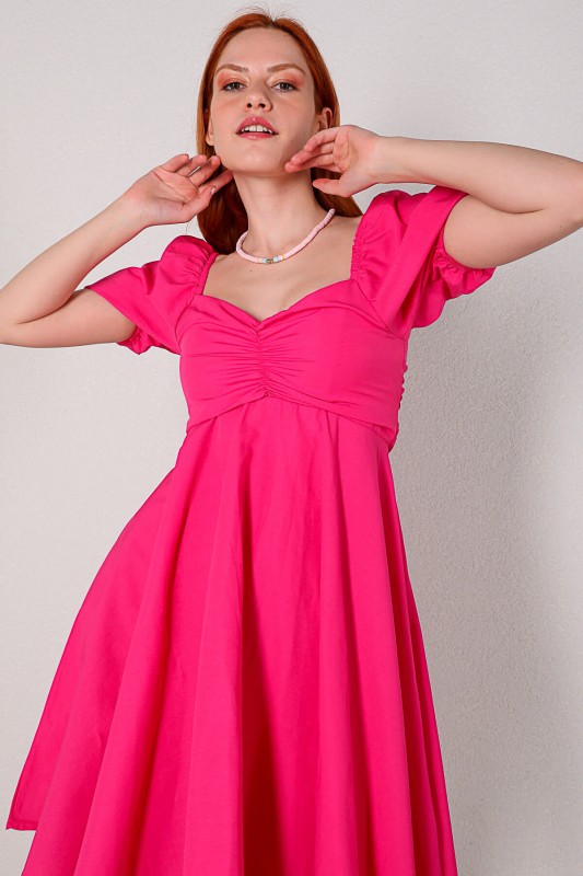 ELB-01616 Pembe Balon Kol Kalp Yaka Yazlık Elbise