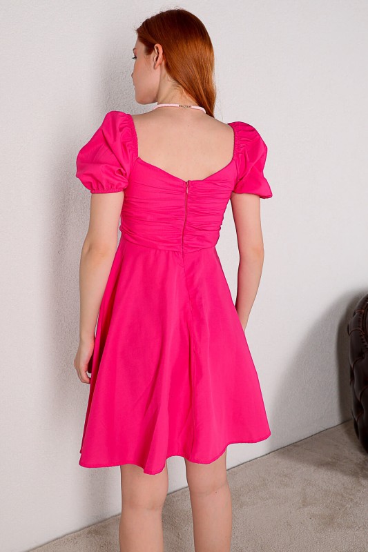 ELB-01616 Pembe Balon Kol Kalp Yaka Yazlık Elbise
