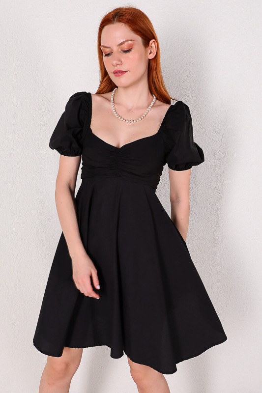 ELB-01616 Siyah Balon Kol Kalp Yaka Yazlık Elbise