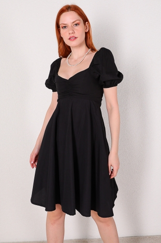 ELB-01616 Siyah Balon Kol Kalp Yaka Yazlık Elbise - Thumbnail