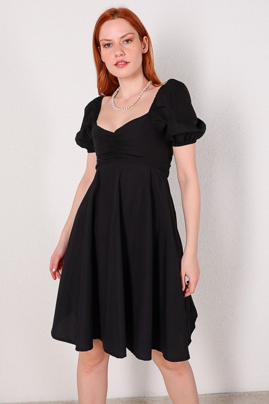 ELB-01616 Siyah Balon Kol Kalp Yaka Yazlık Elbise