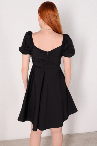 ELB-01616 Siyah Balon Kol Kalp Yaka Yazlık Elbise - Thumbnail