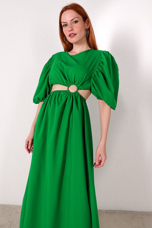 ELB-01621 Yeşil Bel Detaylı Balon Kol Salaş Elbise