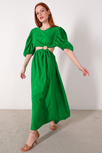 ELB-01621 Yeşil Bel Detaylı Balon Kol Salaş Elbise - Thumbnail