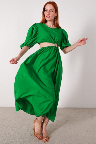 ELB-01621 Yeşil Bel Detaylı Balon Kol Salaş Elbise - Thumbnail