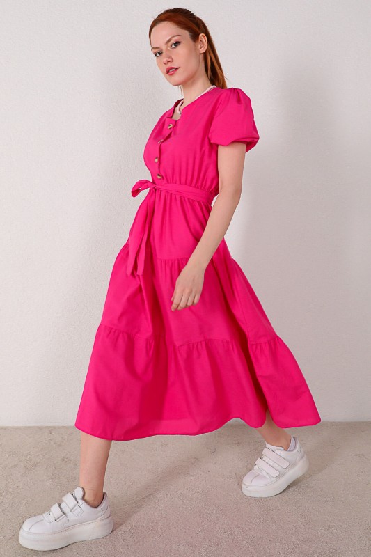 ELB-01623 Pembe Düğmeli Balon Kol Kuşaklı Elbise