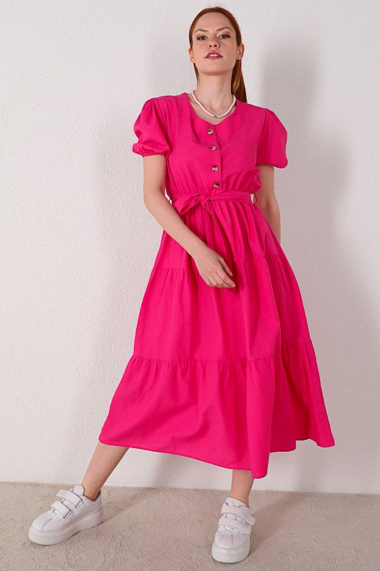 ELB-01623 Pembe Düğmeli Balon Kol Kuşaklı Elbise