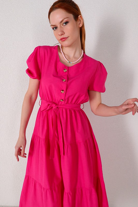 ELB-01623 Pembe Düğmeli Balon Kol Kuşaklı Elbise