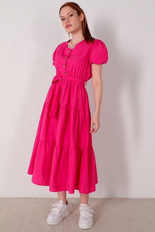 ELB-01623 Pembe Düğmeli Balon Kol Kuşaklı Elbise