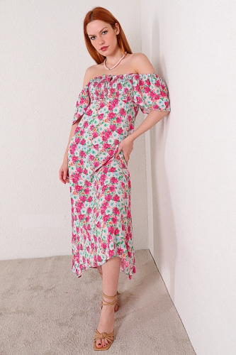 ELB-01624 Pembe Çiçekli Kare Yaka Bağlama Detaylı Yazlık Elbise - Thumbnail