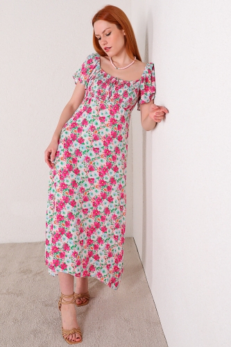 ELB-01624 Pembe Çiçekli Kare Yaka Bağlama Detaylı Yazlık Elbise - Thumbnail