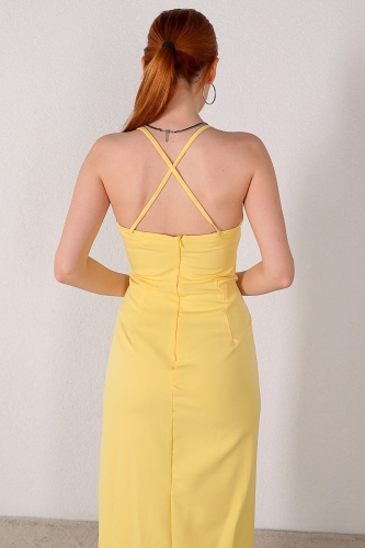 ELB-01626 Sarı Çapraz Askılı Yırtmaç Detay Kalem Elbise - Thumbnail