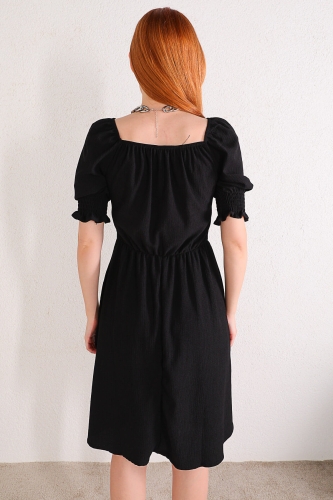 ELB-01627 Siyah Kalp Yaka Kol Lastik Detaylı Yazlık Elbise - Thumbnail
