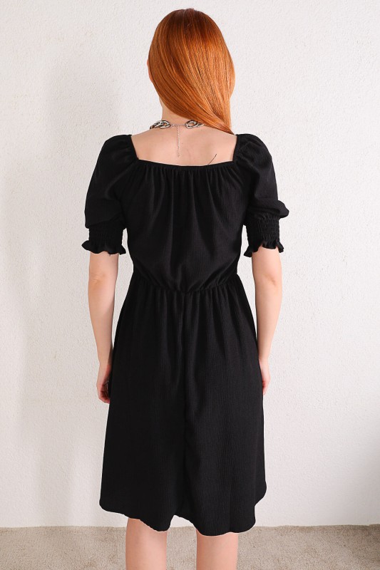 ELB-01627 Siyah Kalp Yaka Kol Lastik Detaylı Yazlık Elbise