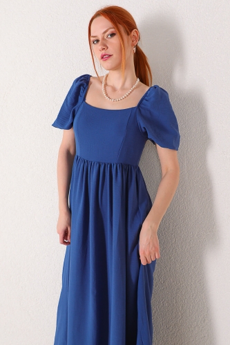 Cappmoda - ELB-01630 Mavi Kare Yaka Bel Lastikli Salaş Elbise (1)