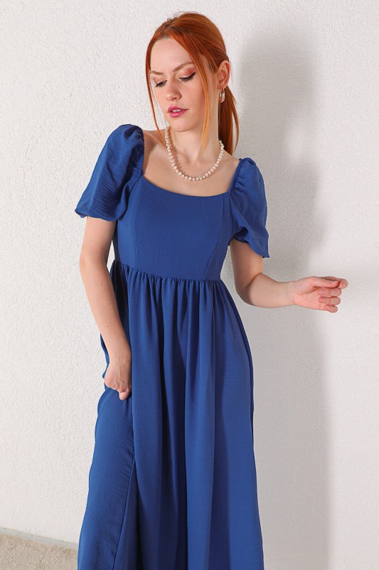 ELB-01630 Mavi Kare Yaka Bel Lastikli Salaş Elbise