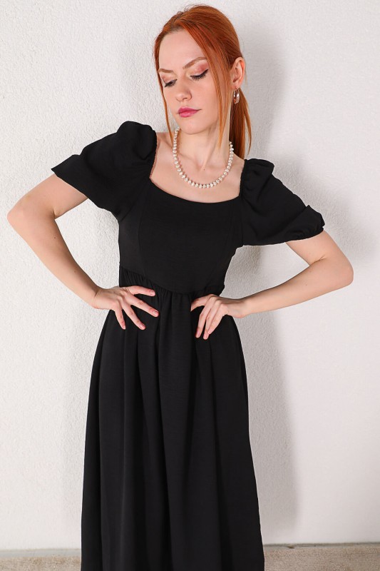 ELB-01630 Siyah Kare Yaka Bel Lastikli Salaş Elbise