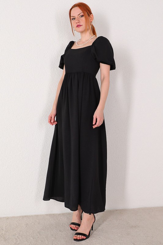 ELB-01630 Siyah Kare Yaka Bel Lastikli Salaş Elbise