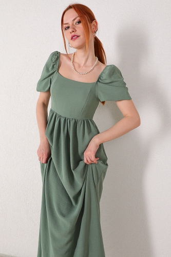 Cappmoda - ELB-01630 Yeşil Kare Yaka Bel Lastikli Salaş Elbise (1)