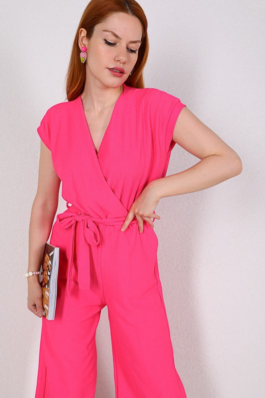 ELB-01632 Pembe Kruvaze Yaka Kuşaklı Salaş Tulum