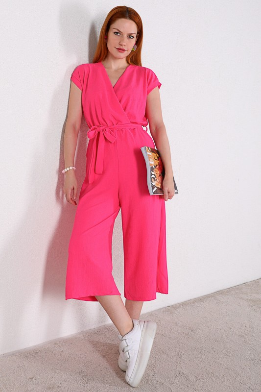 ELB-01632 Pembe Kruvaze Yaka Kuşaklı Salaş Tulum
