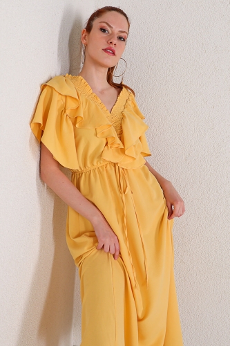 ELB-01634 Sarı Fırfırlı Elbise - Thumbnail
