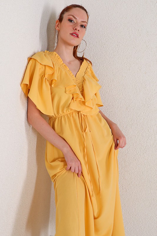 ELB-01634 Sarı Fırfırlı Elbise