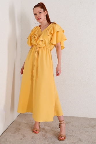 ELB-01634 Sarı Fırfırlı Elbise - Thumbnail