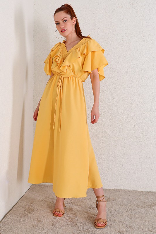 ELB-01634 Sarı Fırfırlı Elbise
