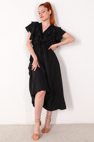 ELB-01634 Siyah Fırfırlı Elbise - Thumbnail