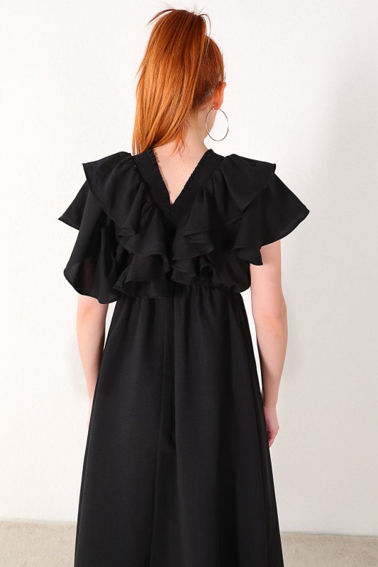 ELB-01634 Siyah Fırfırlı Elbise