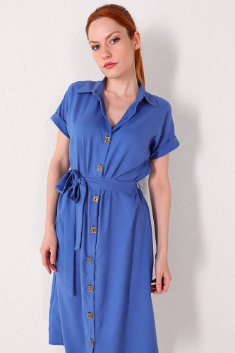 Cappmoda - ELB-01635 Mavi Kuşaklı Gömlek Elbise (1)