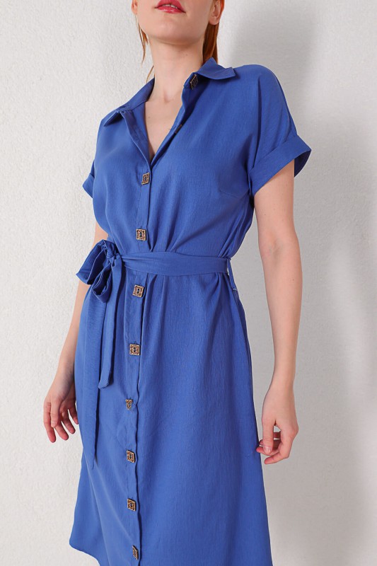 ELB-01635 Mavi Kuşaklı Gömlek Elbise