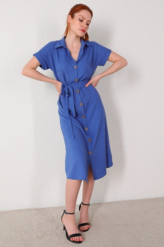 ELB-01635 Mavi Kuşaklı Gömlek Elbise - Thumbnail