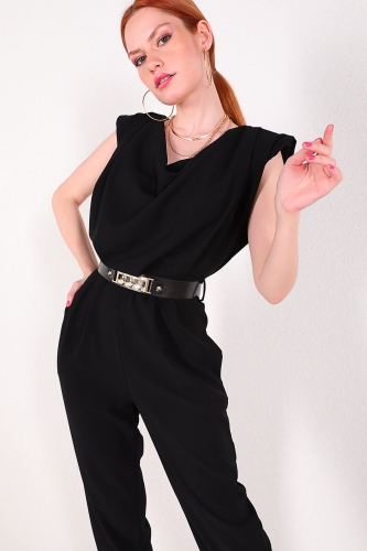 ELB-01638 Siyah Degaje Yaka Kemerli Klasik Tulum Elbise - Thumbnail