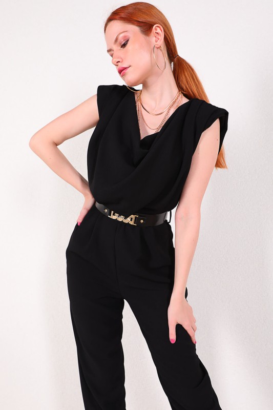 ELB-01638 Siyah Degaje Yaka Kemerli Klasik Tulum Elbise