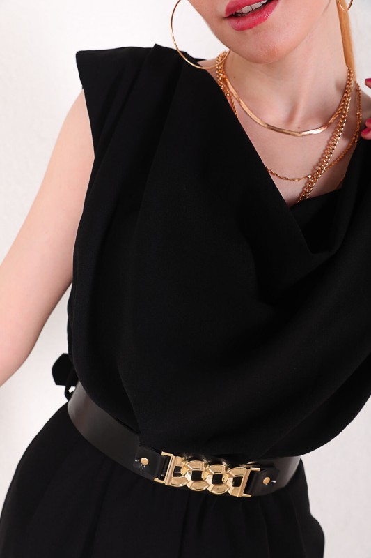 ELB-01638 Siyah Degaje Yaka Kemerli Klasik Tulum Elbise