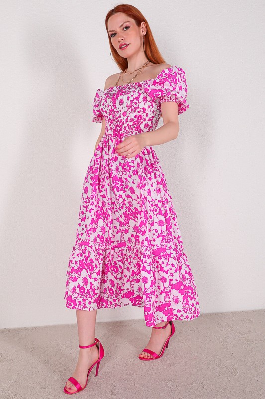 ELB-01639 Pembe Çiçek Desenli Kare Yaka Balon Kol Elbise