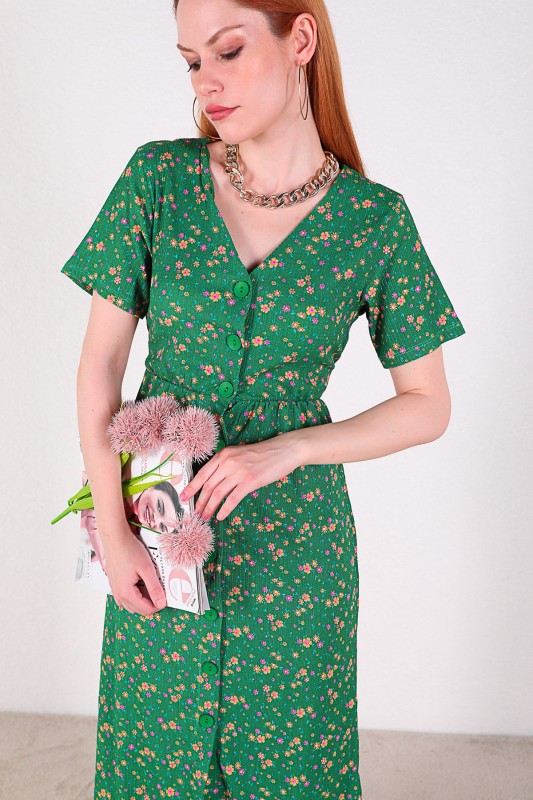ELB-01643 Yeşil Mini Çiçekli Düğmeli Günlük Elbise