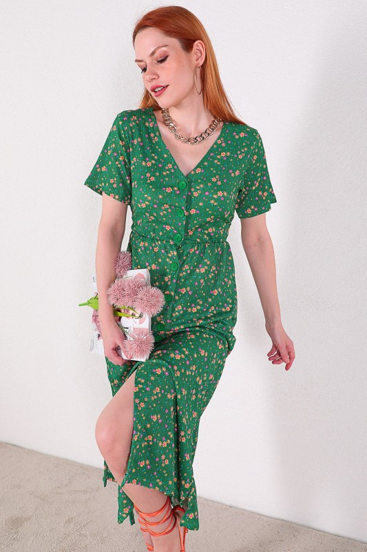 ELB-01643 Yeşil Mini Çiçekli Düğmeli Günlük Elbise