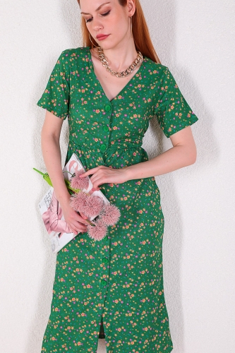 ELB-01643 Yeşil Mini Çiçekli Düğmeli Günlük Elbise - Thumbnail
