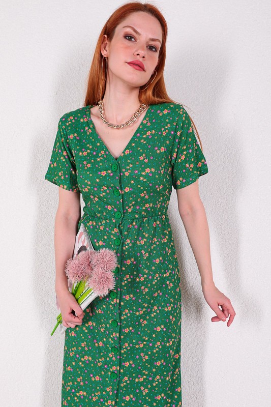 ELB-01643 Yeşil Mini Çiçekli Düğmeli Günlük Elbise