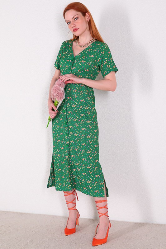 ELB-01643 Yeşil Mini Çiçekli Düğmeli Günlük Elbise