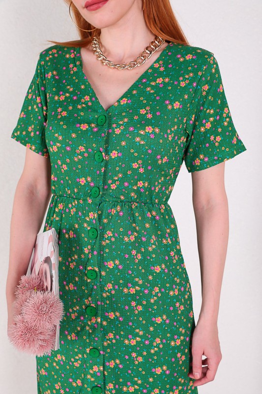 ELB-01643 Yeşil Mini Çiçekli Düğmeli Günlük Elbise