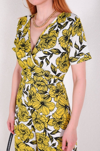 ELB-01644 Sarı Çiçekli V Yaka Tulum Elbise - Thumbnail
