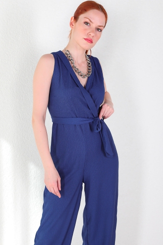 ELB-01645 Mavi Kruvaze Yaka Kuşaklı Tulum Elbise - Thumbnail