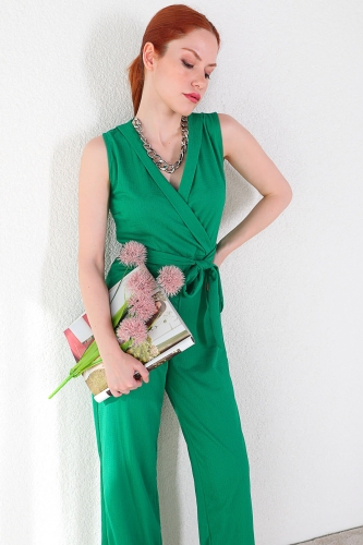 ELB-01645 Yeşil Kruvaze Yaka Kuşaklı Tulum Elbise - Thumbnail